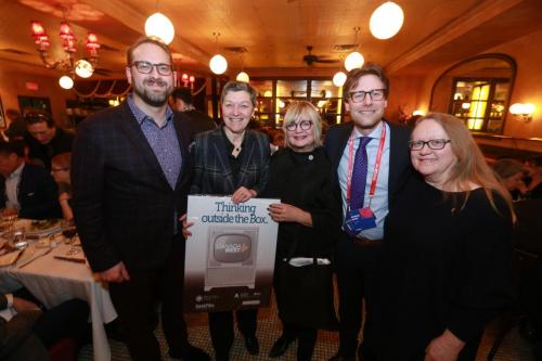 Honouring the career of Carole Vivier of Manitoba Film and Music, also pictured: Kyle Irving (Eagle Vision), Liz Shorten (CMPA), Reynolds Mastin (CMPA) and Valerie Creighton (Canada Media Fund)